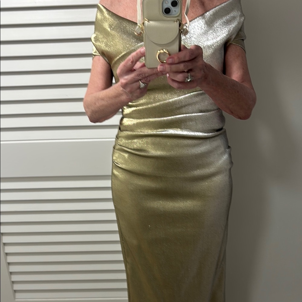 Strapless Metallic Gold Evening Gown - Sleek Silhouette